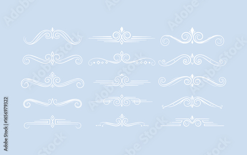 Collection of elegant white vintage ornamental borders and dividers on a light blue background