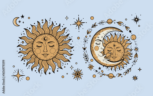 Celestial sun and moon faces with stars and constellations illustration
