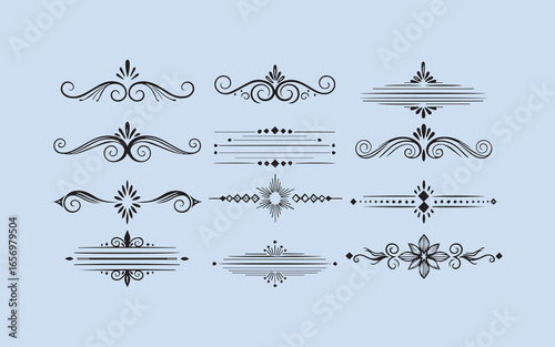Collection of elegant vintage ornamental dividers and borders in dark blue