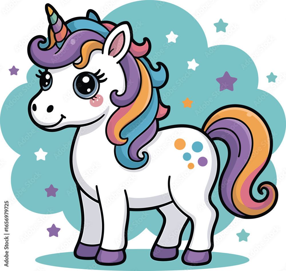 Naklejka premium Adorable Cartoon Unicorn Illustration with Starry Background