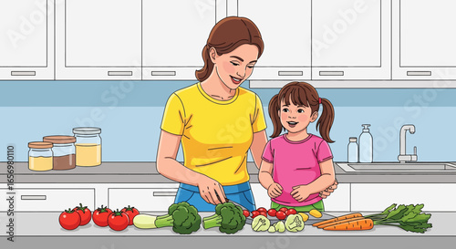 Adobe illustrator artwork vector illustration Mother and daughter happily preparing healthy vegetables together in a bright kitchen. Family cooking concept, healthy eating, vector illustration.