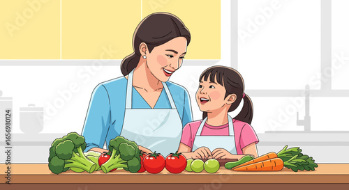 Adobe illustrator artwork vector illustration Mother and daughter happily preparing healthy vegetables together in a bright kitchen. Family cooking concept, healthy eating, vector illustration.