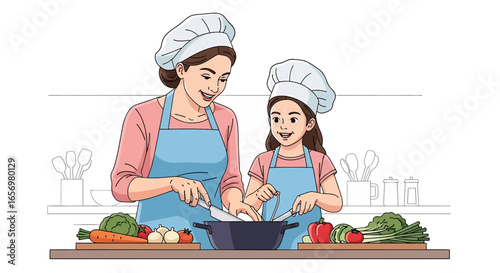 Adobe illustrator artwork vector illustration Mother and daughter happily preparing healthy vegetables together in a bright kitchen. Family cooking concept, healthy eating, vector illustration.