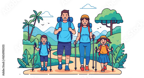 Adobe illustrator artwork vector illustration Happy family of four hiking together in a lush, tropical landscape with backpacks and trekking poles. Adventure travel, nature exploration, vector illust