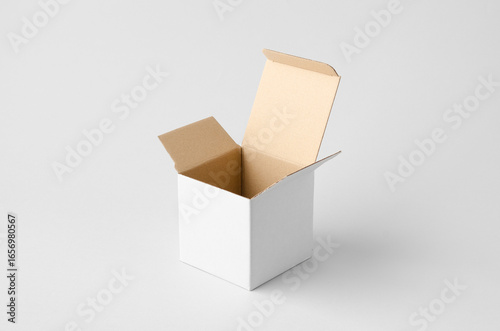 Square white cardboard box with kraft interior mockup on neutral background