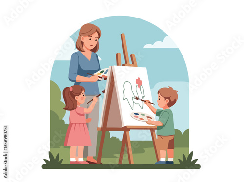 Adobe illustrator artwork vector illustration. A family with a mother and two children painting outdoors in a park on a sunny day. The illustration has a flat, minimalist style
