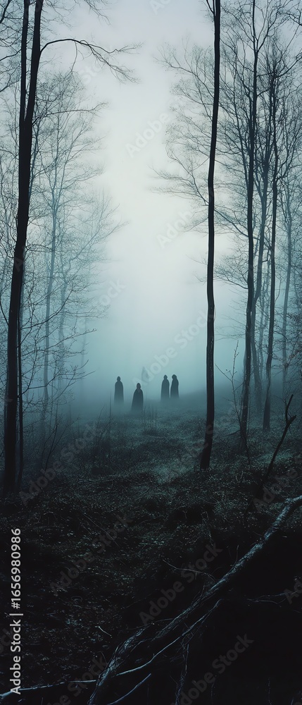 Obraz premium Eerie forest scene with mist and silhouetted figures, evoking a mysterious, atmospheric feeling.