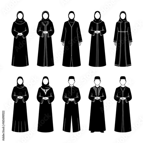 Twelve Simple Black Silhouettes of Muslim Individuals in Traditional Clothing:  Women in Abayas and Hijabs, Men in Thobes and Kufi Caps