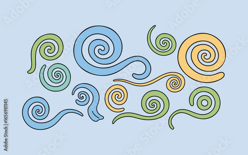Collection of colorful hand drawn swirling lines and spirals on a light blue background