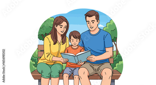 Adobe illustrator artwork vector illustration. A family with a mother, father, and son sitting on a park bench, reading books together. The flat design highlights a peaceful, educational family moment