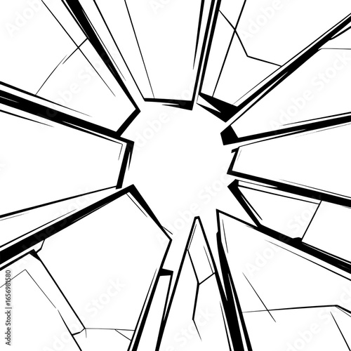 Abstract Broken Glass Radial Design: Black Outline on White Background