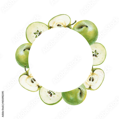 A round frame of green Granny Smith apples, hand-drawn. Watercolor illustration with an empty space on a white background. An autumn fruit template for packaging, menus, and invitations.