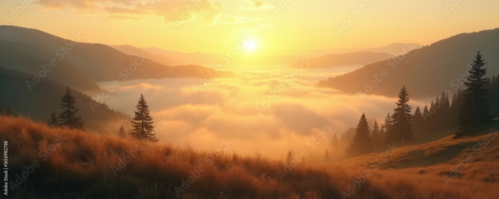 Obraz premium Golden sunbeams pierce soft morning mist blanketing mountain valleys. Serene landscape features golden hour light illuminating grassy slopes, silhouetted pine trees. Peaceful natural scene evokes