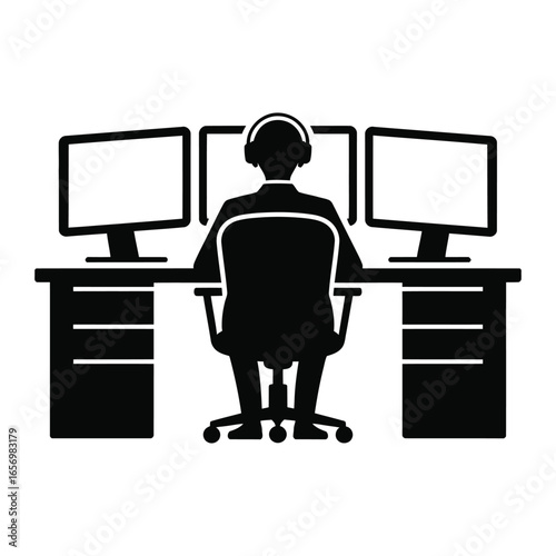 A silhouette of a professional immersed in a technological hub, commanding multiple screens with focused intent, highlighting expertise in data analysis.