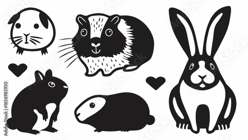 Illustration of guinea pigs and rabbits in black and white with heart shapes decorations around them