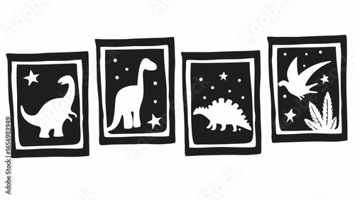 Four framed dinosaur illustrations with stars and a bird in black and white minimalist design style