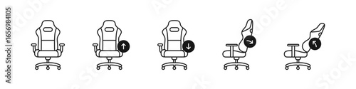 Gaming chairs set of linear icons. Adjustable ergonomic seating collection.