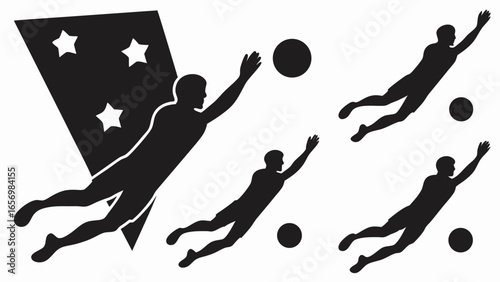 Silhouette of goalkeeper diving to catch a ball with stars background and multiple figures jumping