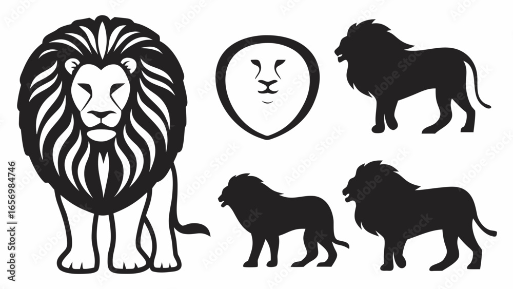 Obraz premium Various black and white lion illustrations including standing and profile views with shield emblem