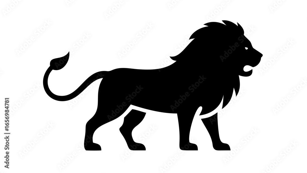 Obraz premium Silhouette of a majestic lion standing with its tail curled up and a thick mane around its head