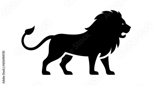 Silhouette of a majestic lion standing with its tail curled up and a thick mane around its head