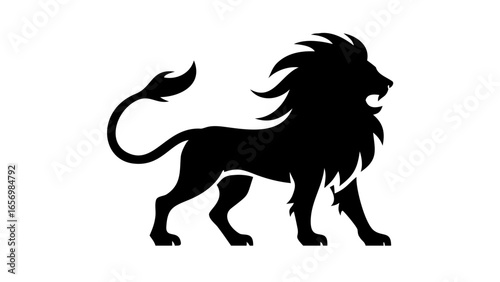 Silhouette of a majestic lion with a flowing mane and curled tail standing in a powerful pose