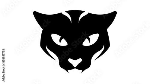 Black silhouette of a cat face with pointy ears and sharp fangs on a white isolated background art