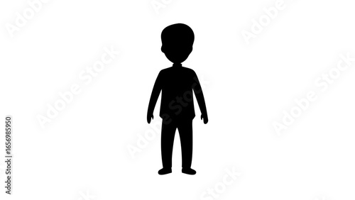 Silhouette of a young boy standing with his arms at his side wearing casual clothing and shoes in black