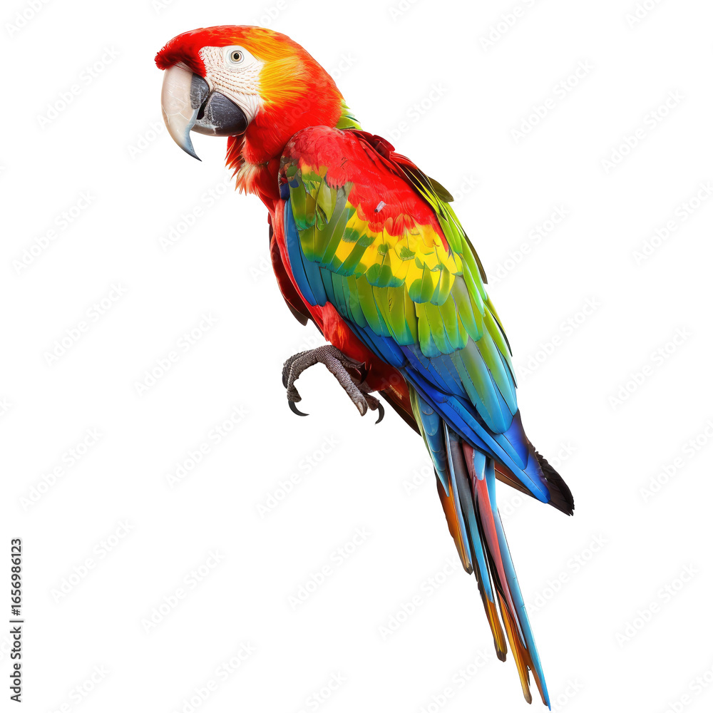 Fototapeta premium and keyword list based on the image you provided.. Scarlet Macaw Perched, Eyeing Viewers, Wildlife Habitat