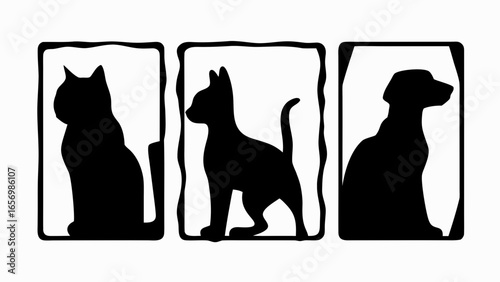 Silhouetted cat and dog portraits displayed in three adjacent decorative frames in black and white style