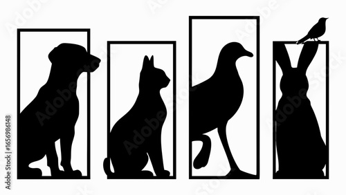 Black silhouettes of dog cat bird and rabbit in frames on a white background illustration design
