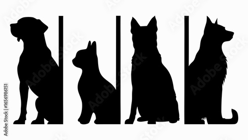 Four dog silhouettes sitting side by side with vertical bars separating each animal in black and white
