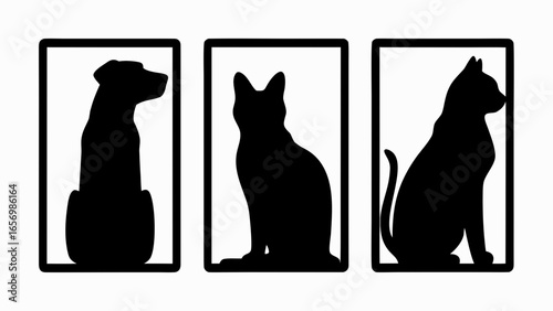 Silhouettes of a dog and two cats sitting upright in separate rectangular frames against white background