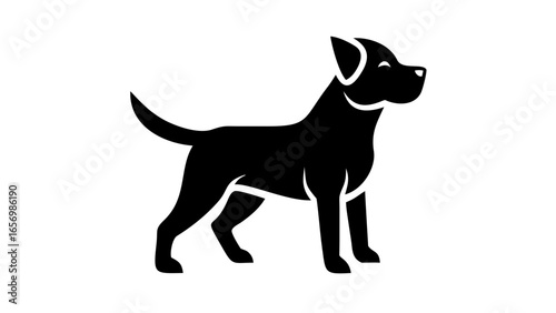 Silhouette of a dog standing with its tail raised and head turned to the right in black and white design