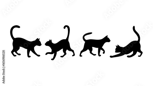 Four black cat silhouettes in various poses walking stretching and standing on a white background