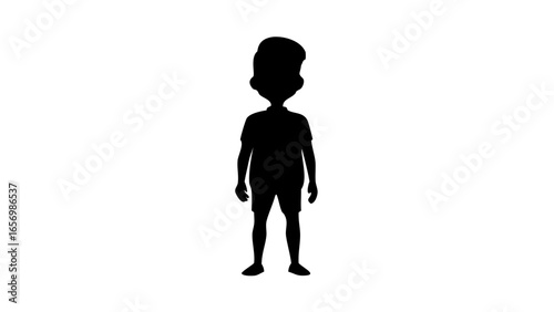 Silhouette of a young boy standing with a shirt and shorts in a full body view against white background
