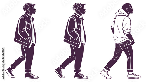 Three stylized figures walking in profile wearing casual outfits with jackets and hats on a white background