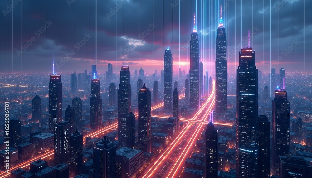Fototapeta premium Futuristic Cityscape With Neon Light Trails And Skyscrapers neon lights city lights