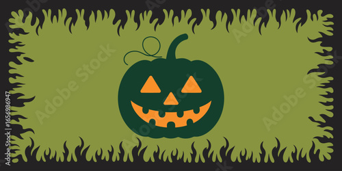 A halloween themed image featuring a green pumpkin with an orange face on a green background frame