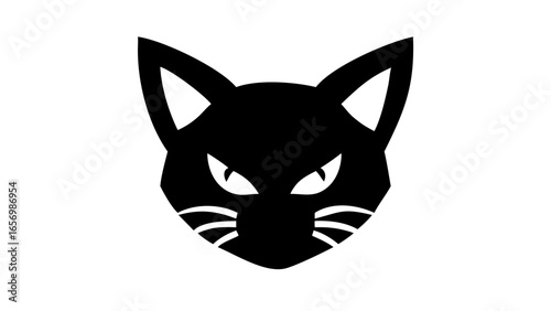A stylized black cat head with pointed ears and whiskers on a white background is centered here