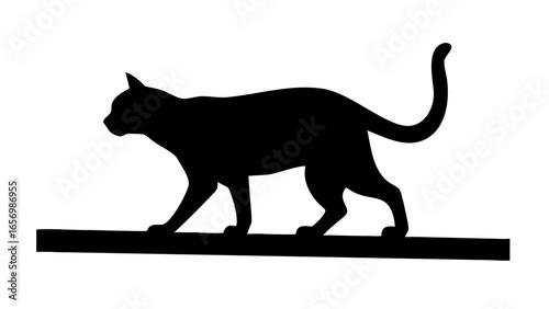 Silhouette of a cat walking across a horizontal line with its tail up and ears perked looking alert