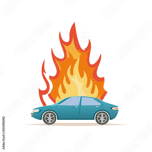 Car on Fire Insurance Claim Vector Illustration, Vehicle Accident Emergency, Fire Damage