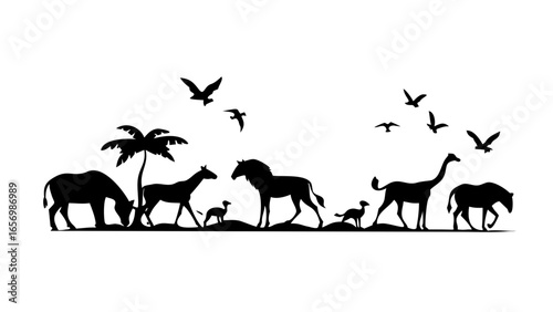 Silhouette of african animals including giraffe horse and birds under a palm tree on white background