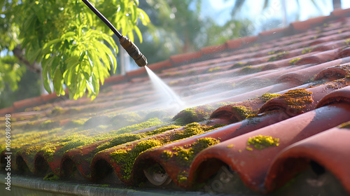 Cleaning moss off roof tiles with a pressure washer