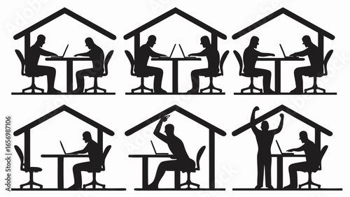Silhouettes of people working from home with laptops in a repetitive pattern illustration design