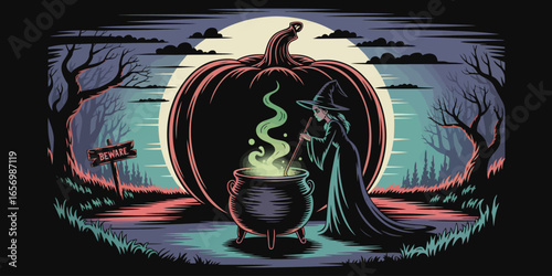 A witch stirring a cauldron in front of a giant pumpkin under the moonlight in a spooky forest