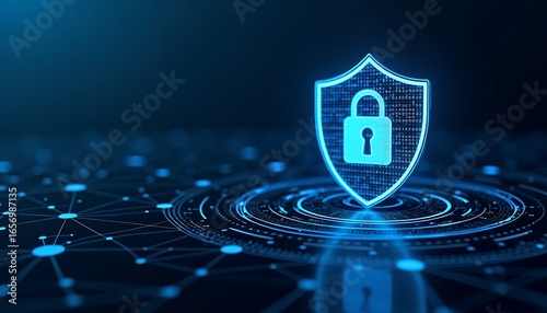 Glowing blue digital shield with padlock and network connections cybersecurity digital security