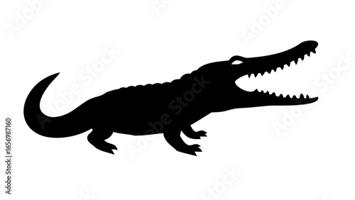 Silhouette of a crocodile with its mouth open showing its teeth and a curved tail on a white background