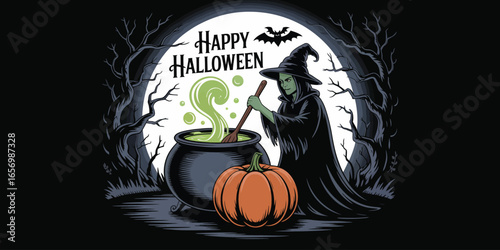 A witch stirring a potion in a cauldron with a pumpkin in front of a full moon and happy halloween text