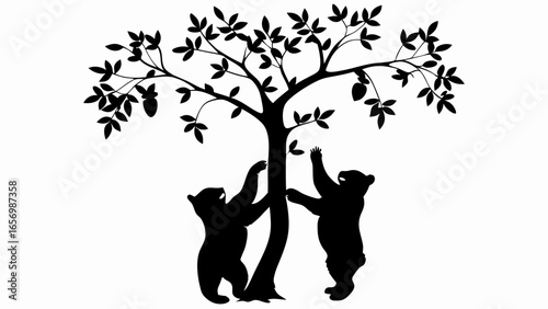 Two bears reaching for fruit on a tree with dense foliage in a monochrome silhouette style image art